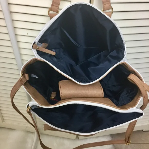 TOMMY HILFIGER WHITE & TAN LEATHER HANDBAG PURSE - Picture 4 of 8